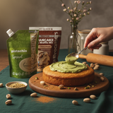 Person spreading pistachio spread on a cake with Nut Dreamers Cinnamon Protein pancake and waffle mix in the background.