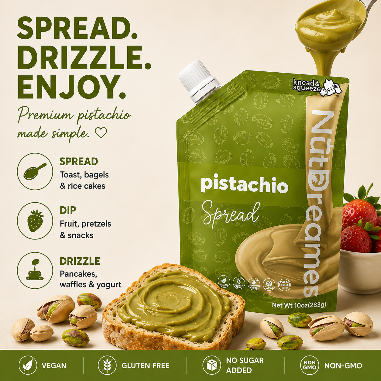 Green packaging of Nut Dreamer pistachio spread with usage instructions and product display.
