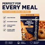 Nutriderm's Protein Multi Purpose Mix packaging with product features and examples of use on a beige background.