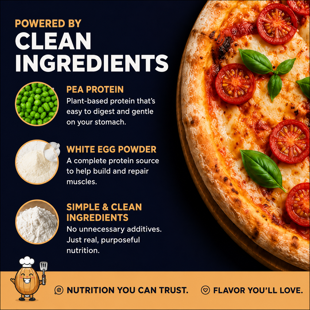 Pizza with clean ingredients text and images on a dark background