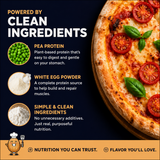 Pizza with clean ingredients text and images on a dark background