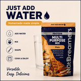 Nut Dreamers Protein Multi Purpose Mix packaging with a glass of water on a beige background
