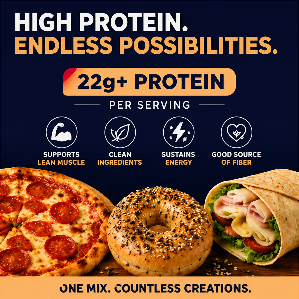 Promotional graphic highlighting high protein content with pizza, bagel, and wrap on a dark blue background.