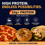 Promotional graphic highlighting high protein content with pizza, bagel, and wrap on a dark blue background.
