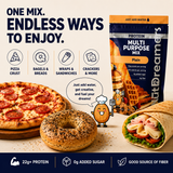 Protein multi-purpose mix packaging with pizza, bagel, and wrap illustrations on a beige background.