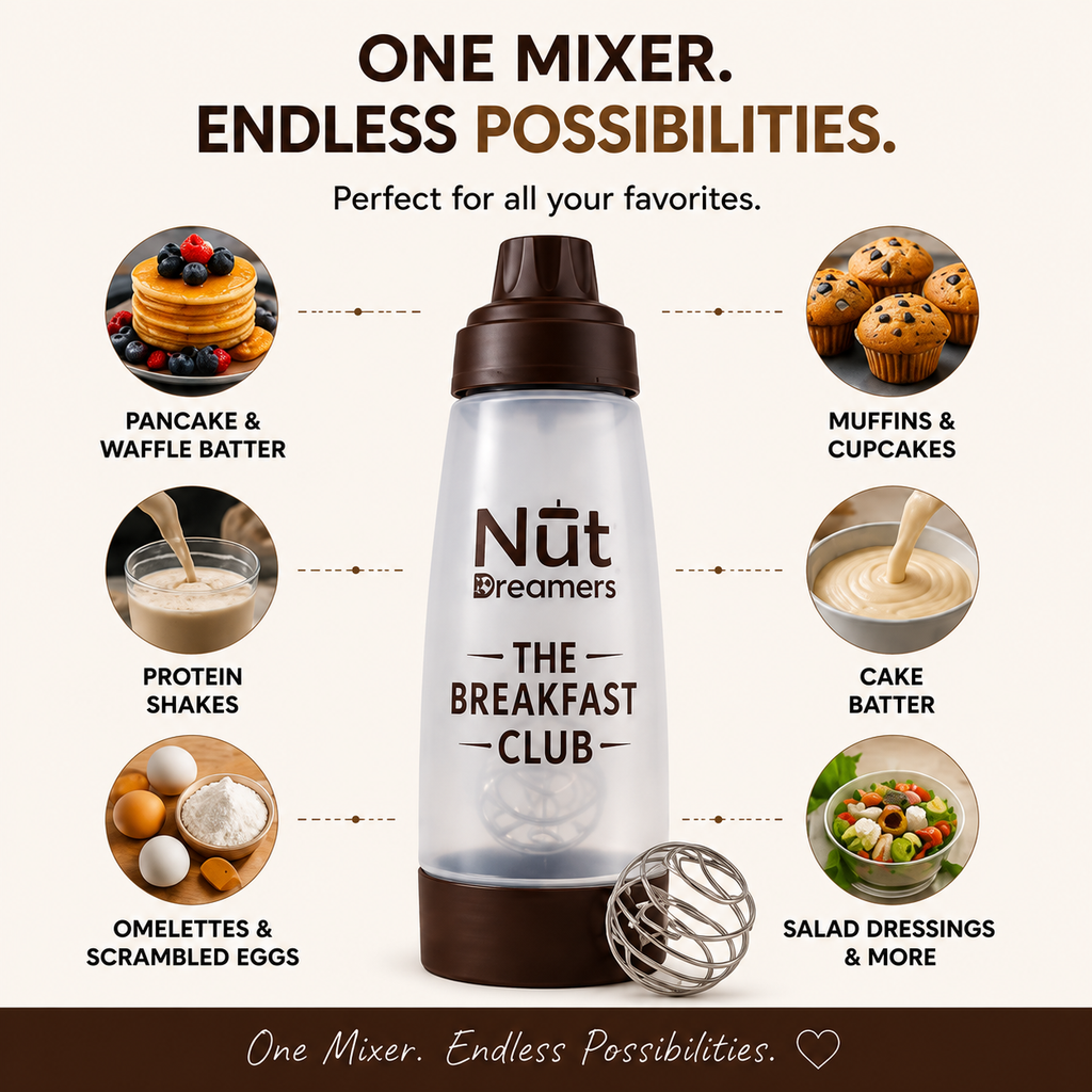 Nut Dreamers mixer with uses for various food items on a white background