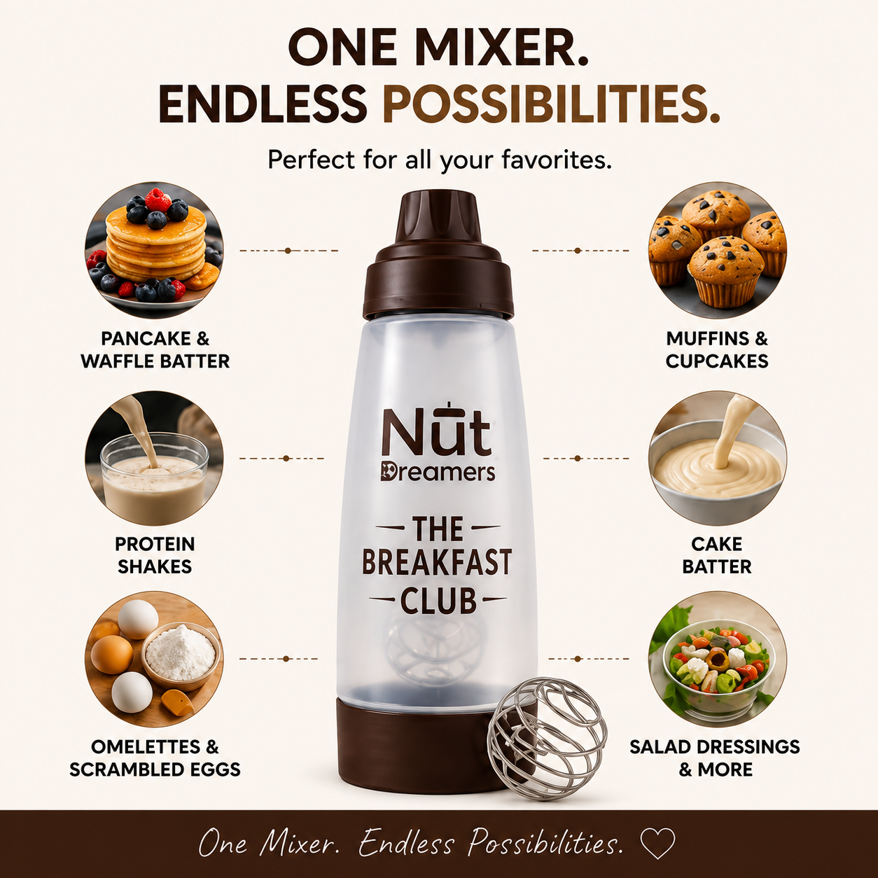 Nut Dreamers mixer with uses for various food items on a white background