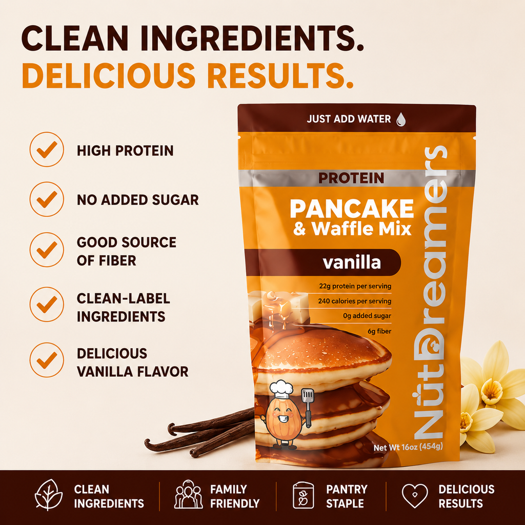 Nut Dreamers Protein Pancake & Waffle Mix packaging with vanilla flavor, featuring clean ingredients and delicious results.