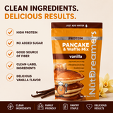 Nut Dreamers Protein Pancake & Waffle Mix packaging with vanilla flavor, featuring clean ingredients and delicious results.