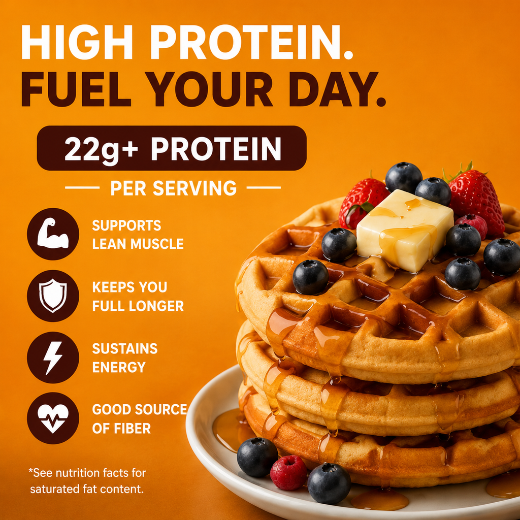 Stack of waffles with berries and butter on an orange background with protein benefits text.