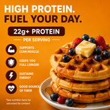 Stack of waffles with berries and butter on an orange background with protein benefits text.