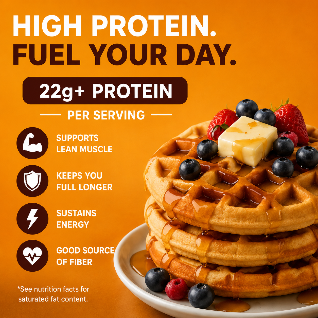 Stack of waffles with berries and butter on an orange background with protein benefits text.