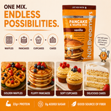 NutriDreamers protein pancake and waffle mix packaging with images of waffles, pancakes, cupcakes, and cakes.