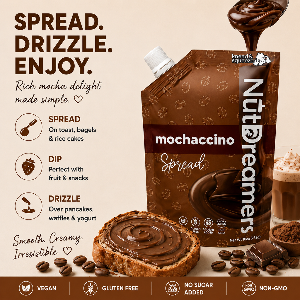 Nut Dreamers Mochaccino Spread packaging with usage instructions and product details on a beige background.
