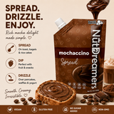 Nut Dreamers Mochaccino Spread packaging with usage instructions and product details on a beige background.