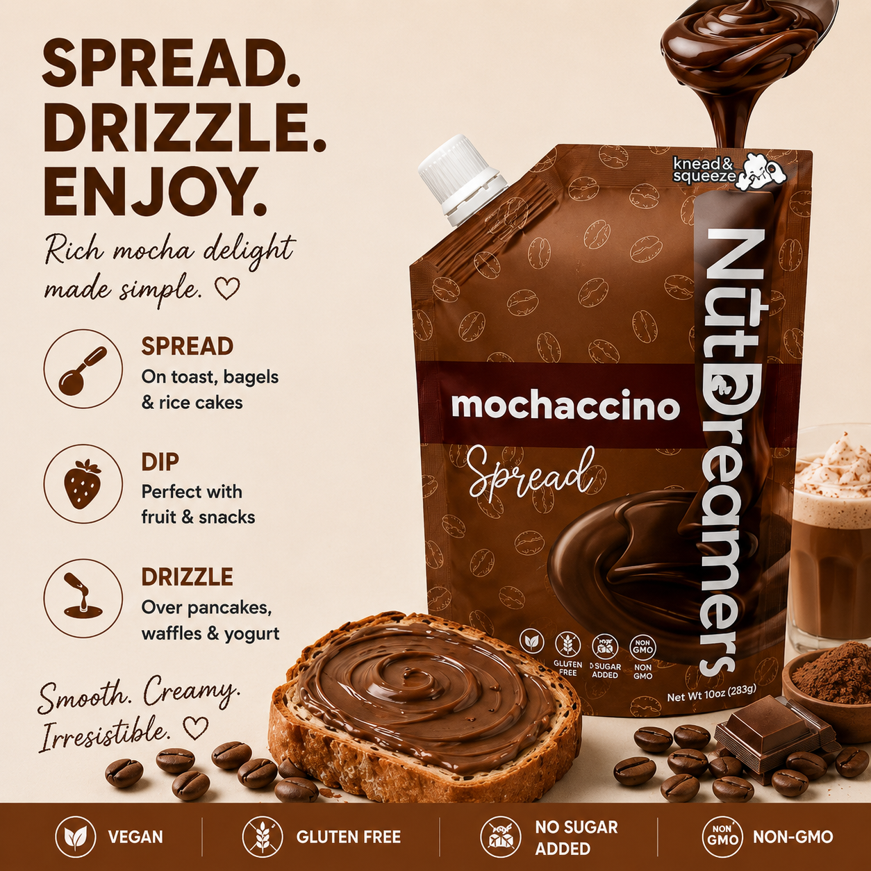 Nut Dreamers Mochaccino Spread packaging with usage instructions and product details on a beige background.