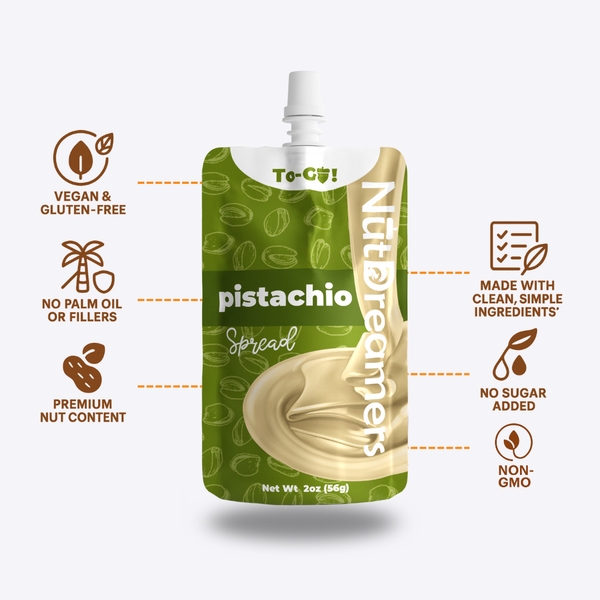 Pistachio spread by Nut Dreamers feature icons on a white background