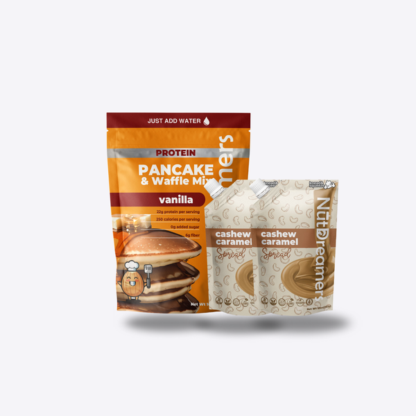 Vanilla Protein pancake and waffle mix by Nut Dreamers with their Cashew caramel Spread on a white background.