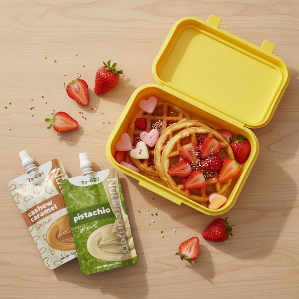 Cashew caramel and pistachio nut butter to-go 2oz pouches by Nut Dreamers next to a kids bento box with waffles and strawberries