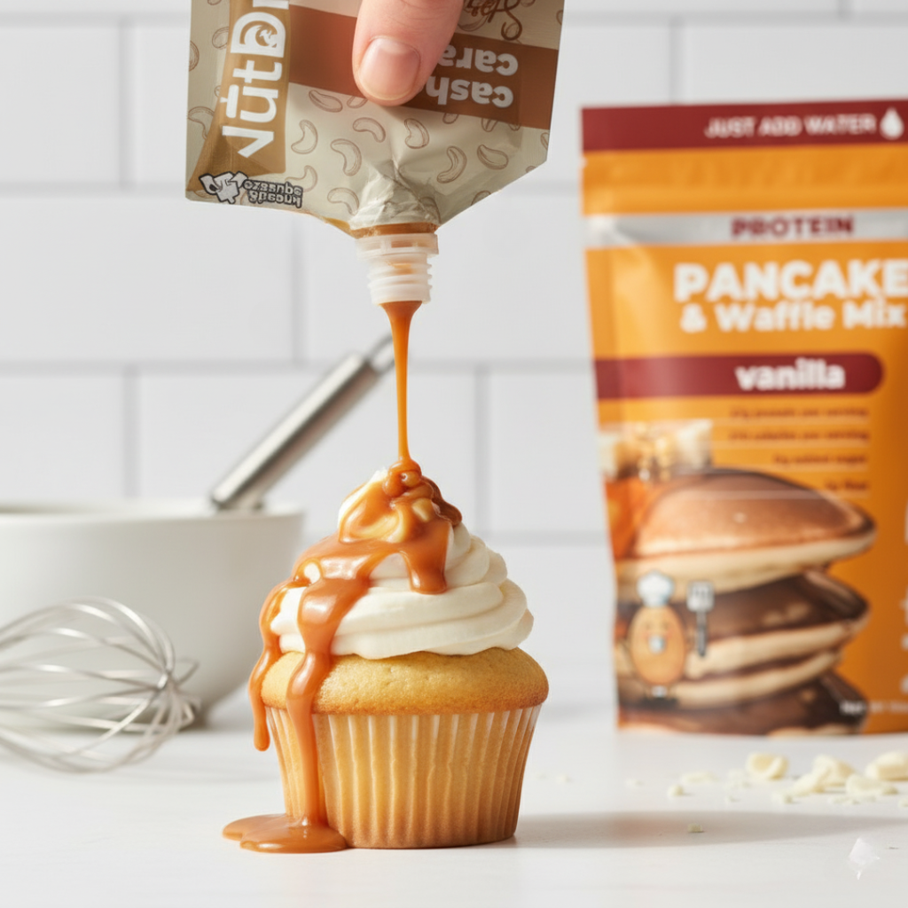 Cashew caramel nut butter spread by Nut Dreamers being drizzled over a cupcake with vanilla protein pancake mix in background