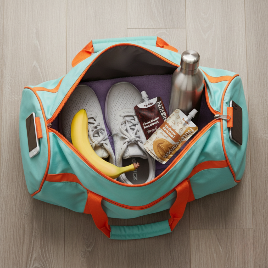 Chocolate hazelnut and cashew caramel nut butter to-go pouches by Nut Dreamers inside a gym bag with sneakers and water bottle — healthy on-the-go snack