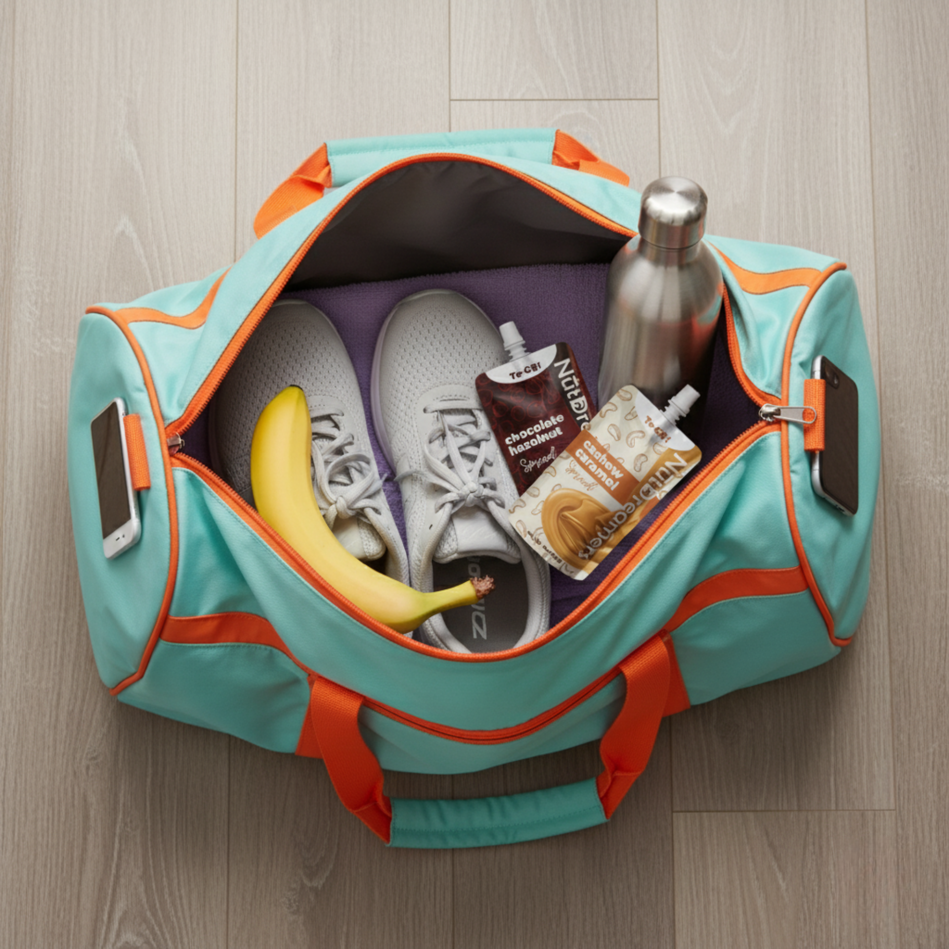 Chocolate hazelnut and cashew caramel nut butter to-go pouches by Nut Dreamers inside a gym bag with sneakers and water bottle — healthy on-the-go snack